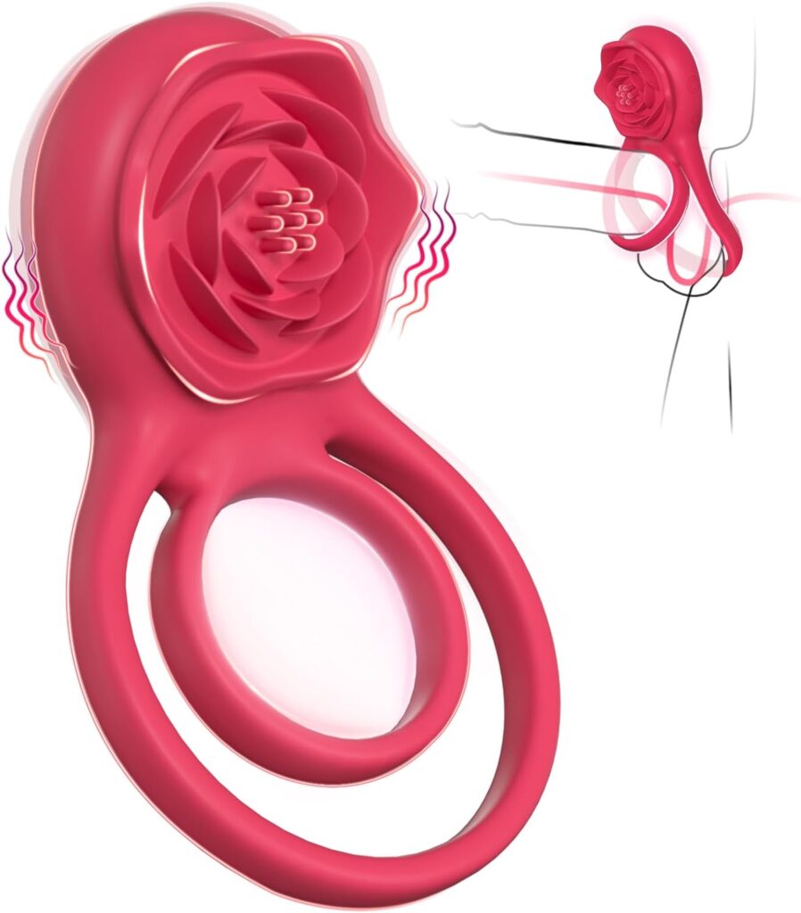 Vibrating Cock Ring with Rose Clitoral Stimulator, Pleasure Penis Ring Vibrator Couples Adult Sex Toys for Men Women, 7 Vibrations Male Couple Sex Toy