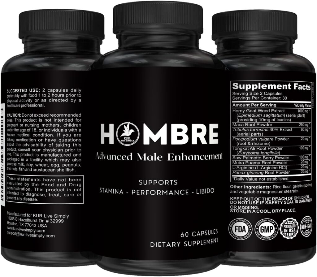 Hombre Male Enhancing Supplement – Add 2 in 60 Days With Our Enlargement Pills for Men Muscle Growth – Increase Size, Strength, Stamina – Endurance, Performance, Energy Booster - 60 Capsules