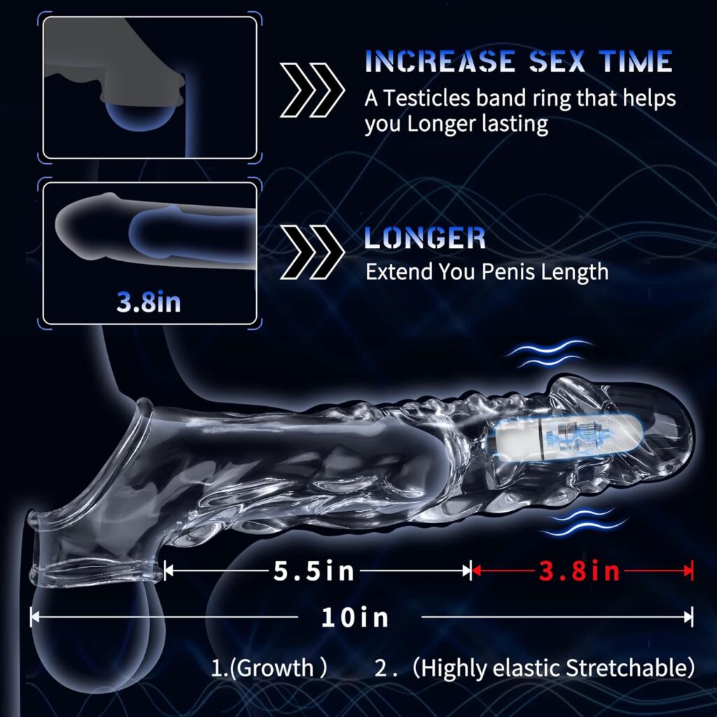 Reusable Penis Sleeve with Vibrator Penis Ring,3.6 inch Clear Penis Sleeve Cock Ring Extender Ultra-Soft Penis Enlarger for Couples Vibrating Dildo for Cock Enlarger Sex Toys for Men