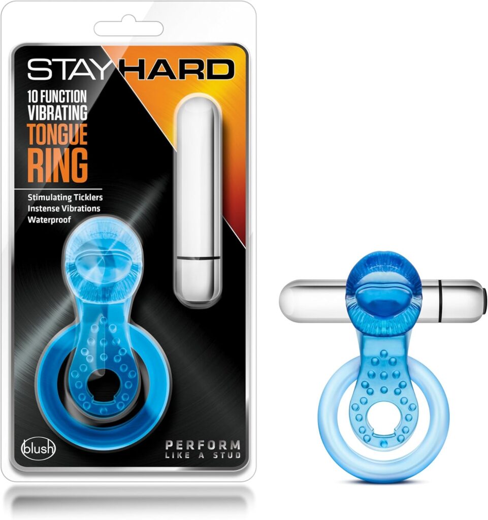 Blush Stay Hard 10 Function 3 in 1 Stimulating AAA Battery Powered Fragrance Free Vibrating Tongue Ring C Ring with Bullet - Easy Cleaning IPX7 Submersible Waterproof - Sex Toy for Men Couples - Blue