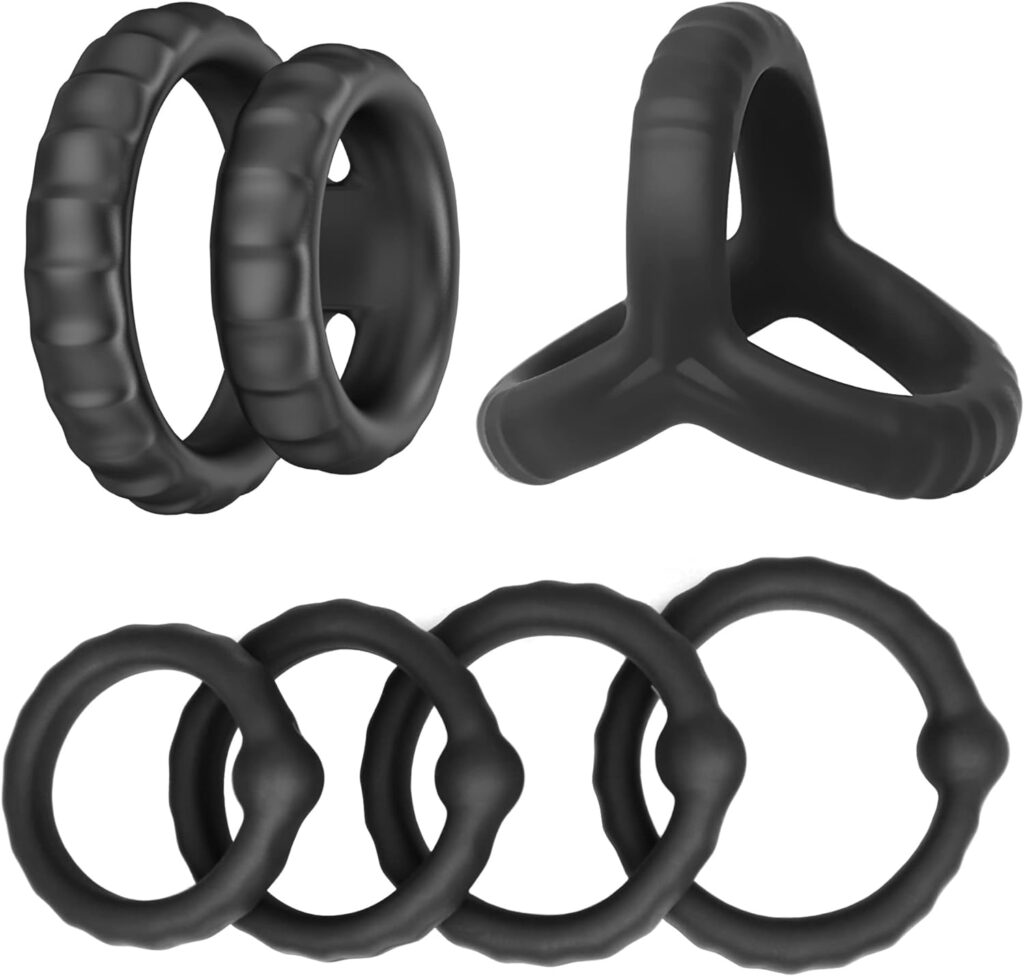 Silicone Penis Rings Set, Evyleen 6 Different Sizes Cock Rings for Erection Enhancing, Long Lasting Stronger Men Sex Toy, Strechy Medicial Safe Adult Sex Toys  Games Black