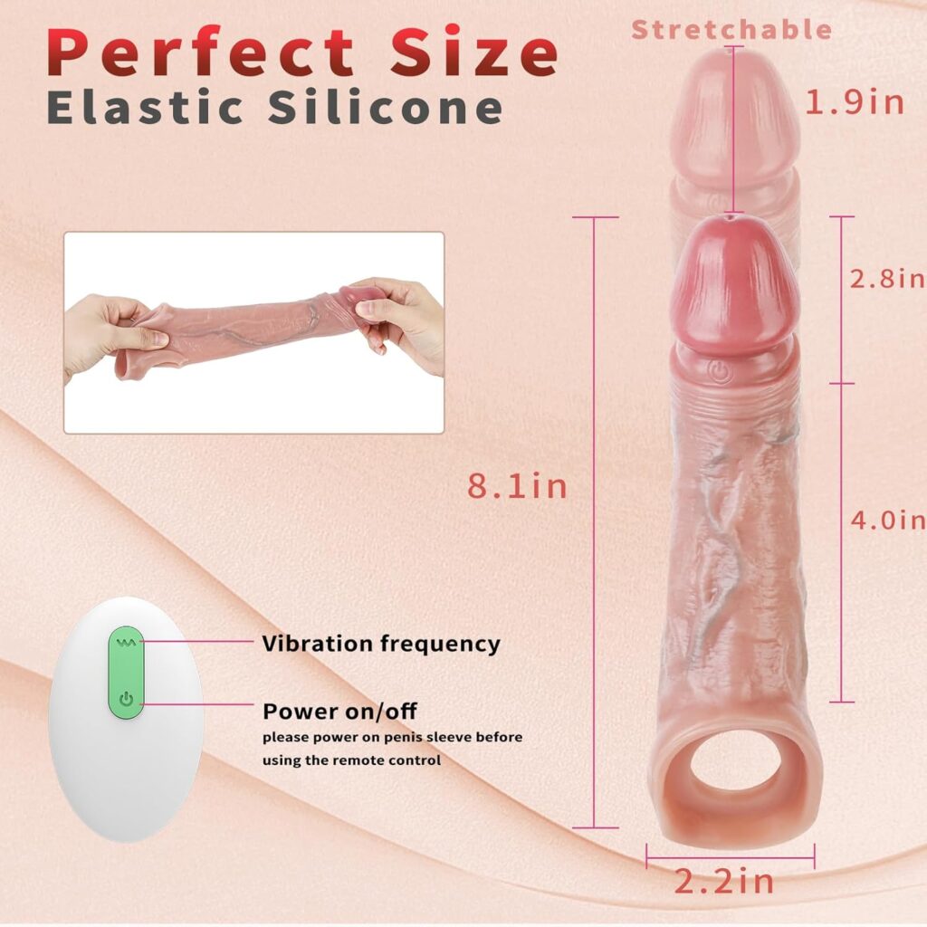 Penis Sleeve Vibrating Cock Sleeve Penis Extender Dildo, Realistic Adult Sex Toys 2.8in Penis Extension Vibrator 10 Modes Remote Control, Elastic Penis Ring to Enlarge Prolong for Men Couples