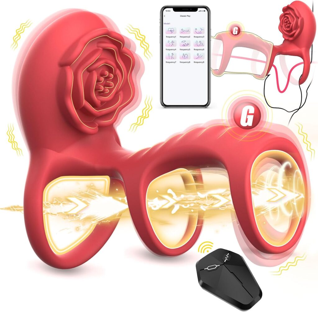 Rose Vibrating Cock Ring Adult Sex Toys with Clitoral G Spot Stimulation, Pleasure Penis Ring Vibrator Couple Sex Toys for Men Women Erection Sex Toys, Remote Control 9 Vibrations Female Male Sex Toys