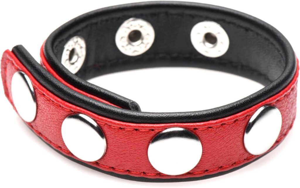 Strict Leather Cock Ring Black Studded Leather Speed Snap-On Ring for Men or Couples, Harder Longer Erection Enhancer, Adjustable Cock Ring, Stay Hard Male Enhancement - Red