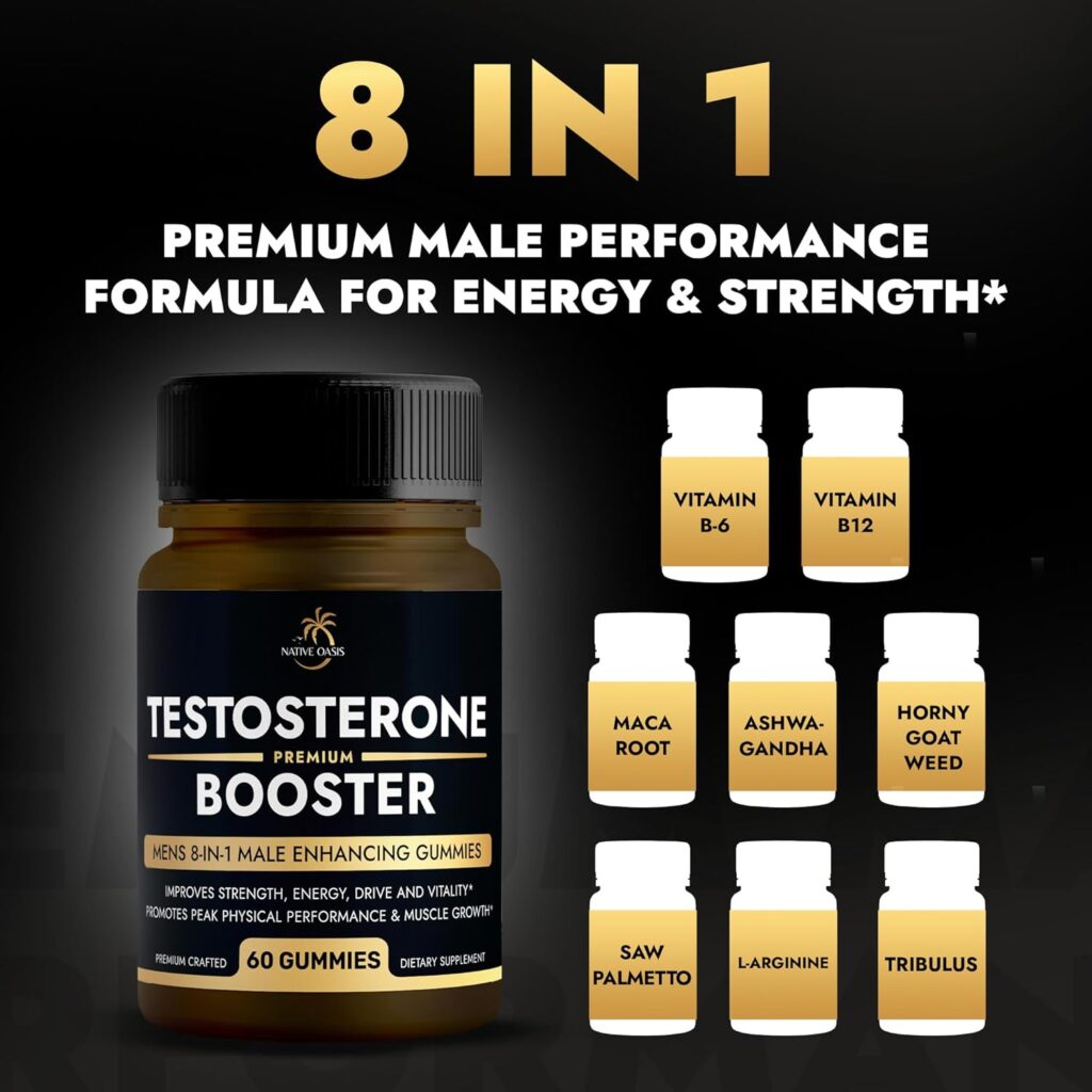 (2 Bottles) Testosterone Booster Gummies | Superior 8-in-1 Complex | Maca, Ashwagandha, L-Arginine, Tribulus  More | Male Enhancement Test Booster for Men | Energy and Performance Enhancer | 120ct.