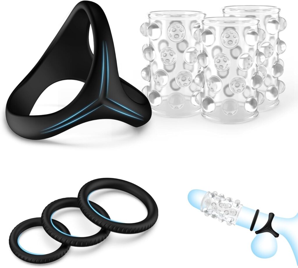 Mens Penis Ring Set,3 Penis Sleeves  4 Different Sizes Cock Stimulation Pleasure Rings for Men Erection Sex,Reusable Silicone Penis Extender Couple Sex Toys