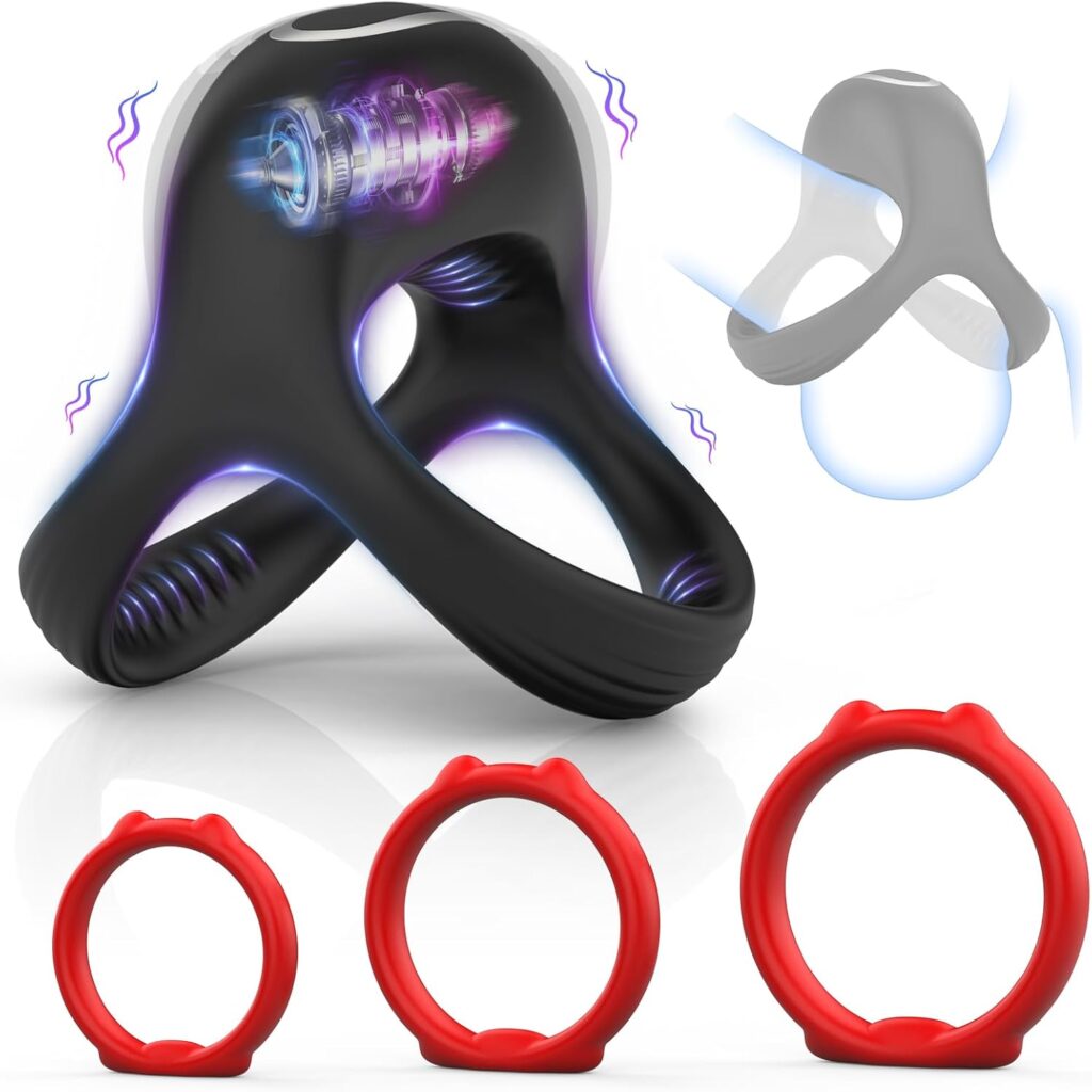 Silicone Penis Rings Set, Vibrating Cock Ring with 10 Vibration Modes, 3 Different Sizes Cock Rings with Cat Design for Erection Enhancing, Long Lasting Stronger Adult Sex Toys for Men or Couple