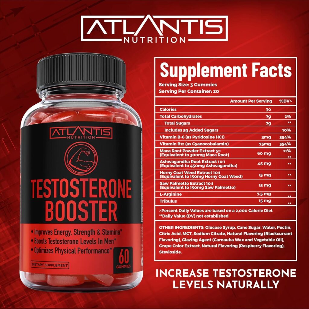 Testosterone Booster For Men Gummies - Enhances Strength  Stamina - Optimizes Physical Performance  Male Enhancement - Made With Tribulus, Horny Goat Weed, Maca Root  More. 2-Pack (120 Gummies)