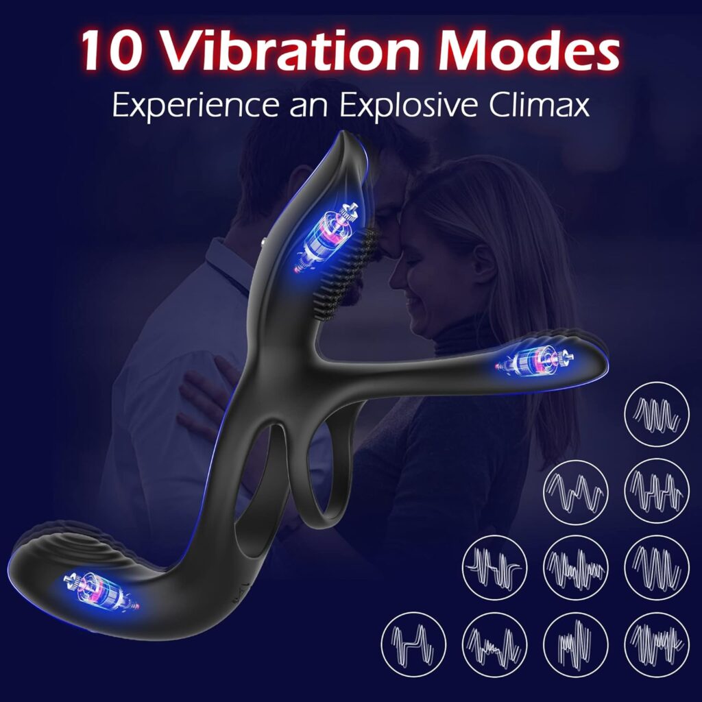 Vibrator for Couple, 3 in 1 Vibrating Cock Ring with 10 Modes, Mens Penis Vibrators, Perineum , G spot, Clitorals Stimulator for Women, Sex Novelties, Adult Sex Toys  Games Black