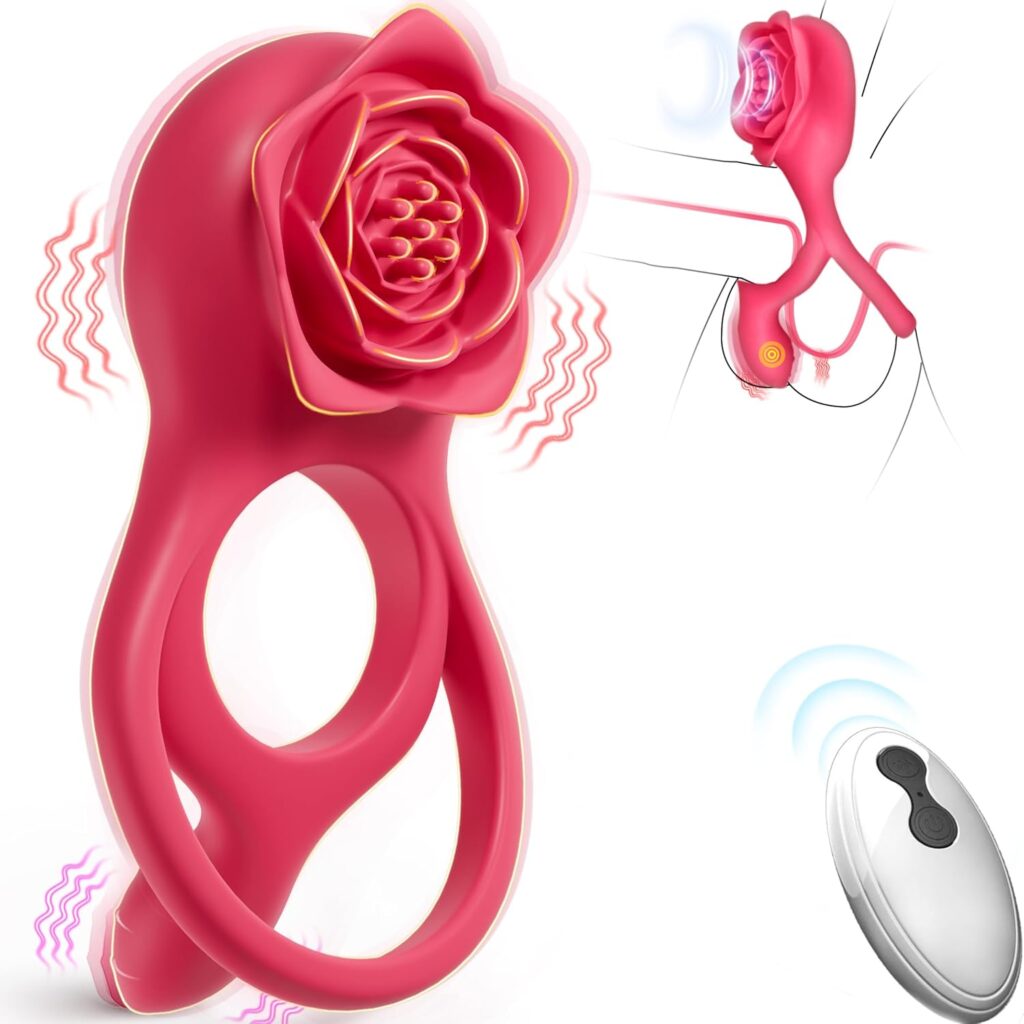 Vibrating Cock Ring with Rose Clitoris Testicles Stimulator, 10 Vibrations Penis Ring Vibrator, Pleasure Couples Women Adult Sex Toys for Men, Male and Female Couple Adult Sex Toy Vibrator