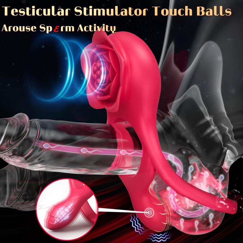 Vibrating Cock Ring with Rose Clitoris Testicles Stimulator, 10 Vibrations Penis Ring Vibrator, Pleasure Couples Women Adult Sex Toys for Men, Male and Female Couple Adult Sex Toy Vibrator