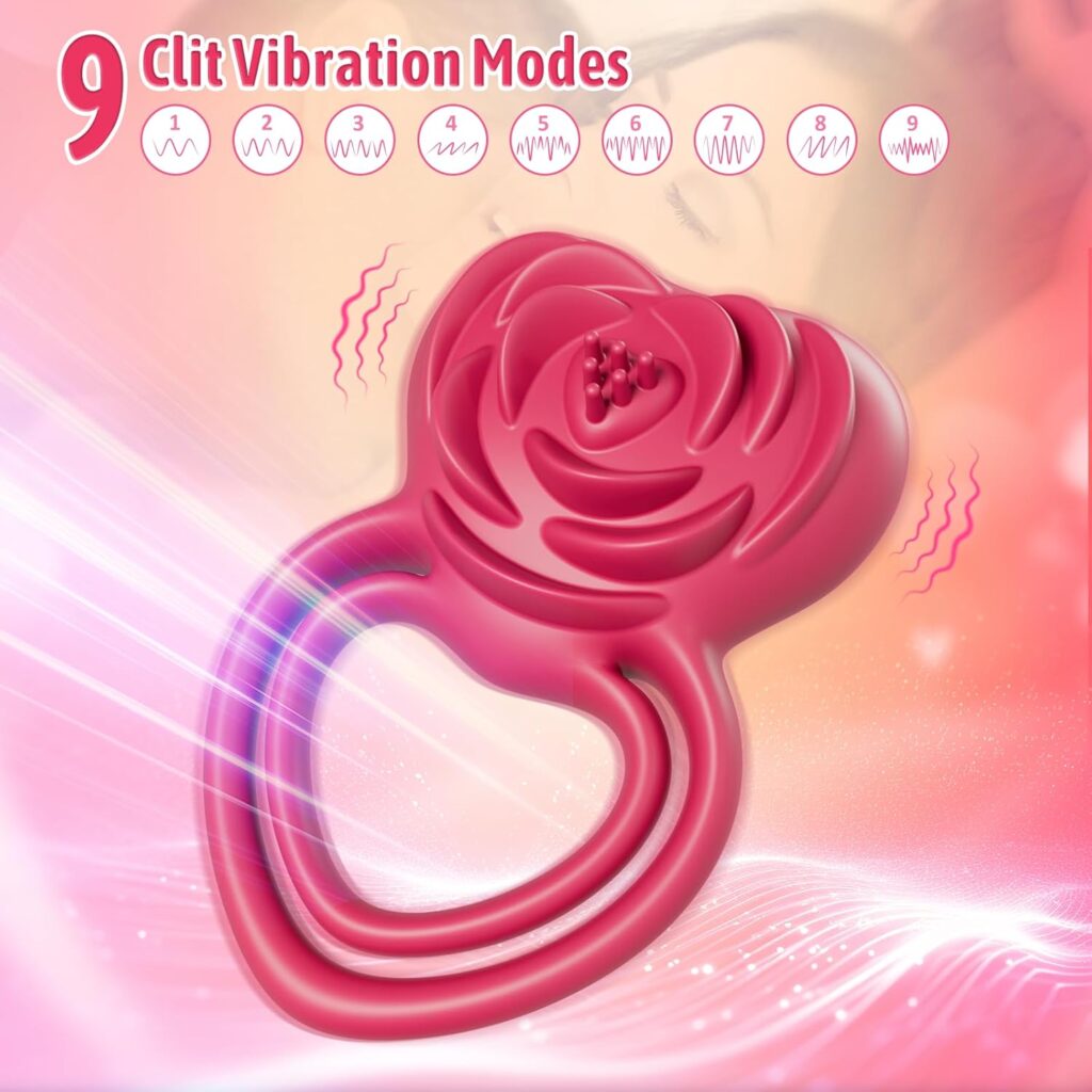 Vibrating Cock Ring Clitoral Stimulator - 2 in 1 Silicone Dual Penis Rings with Rose Vibrator  9 Vibration Modes, Waterproof Adult Sex Toys Couple Massager for Men Longer Harder Stronger Erection