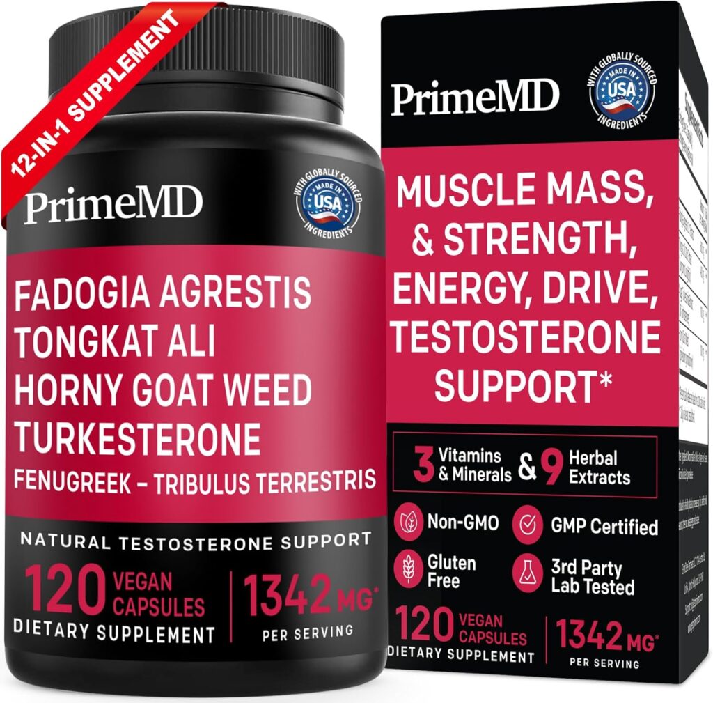 PrimeMD 12-in-1 Fadogia Agrestis and Tongkat Ali for Men - Testosterone Supplement for Men with Horny Goat Weed - Mens Health Supplement for Overall Well-Being with 1342mg Per Serving (120 Capsules)