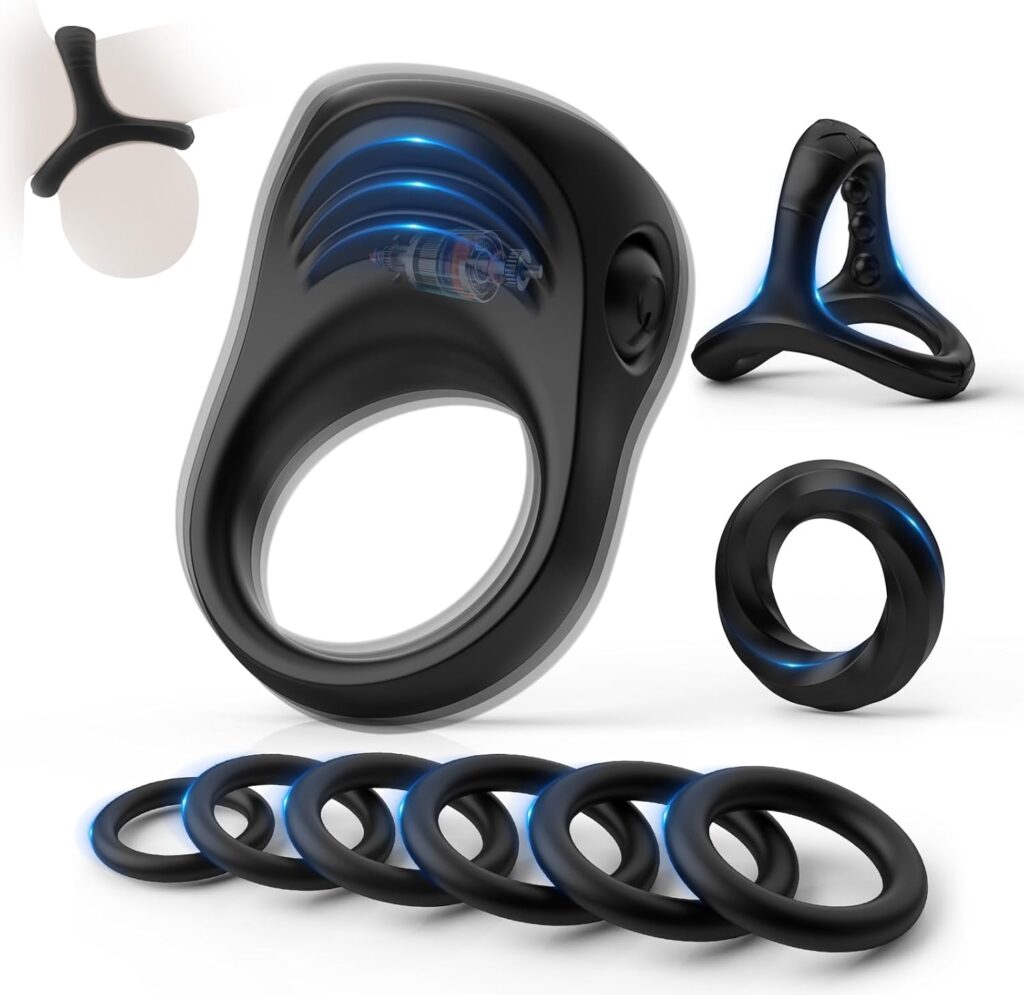 Vibrating Cock Ring Set with 9 Different Sizes, Silicone Cock Penis Rings for Erection Enhancing and Sex Longer Lasting Stronger, Male Stretchy Adult Sex Toys Games for Men or Couples Pleasure