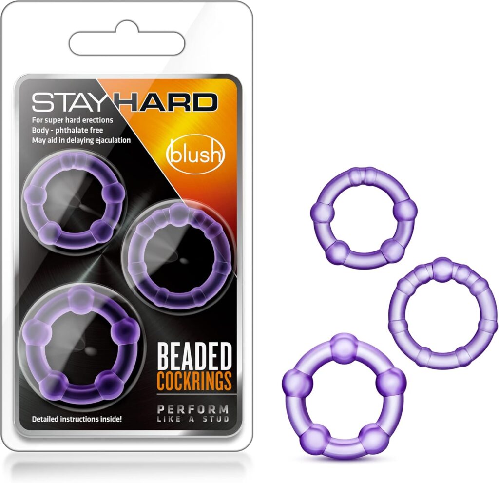 Blush Novelties Genuine Stay Hard Beaded Cock Rings in 3 Sizes - Soft, Super Stretchy - Increase Stamina - Longer, Harder, Bigger Thick Erections - Add Girth - Male Enhancement Men, Couples - Purple