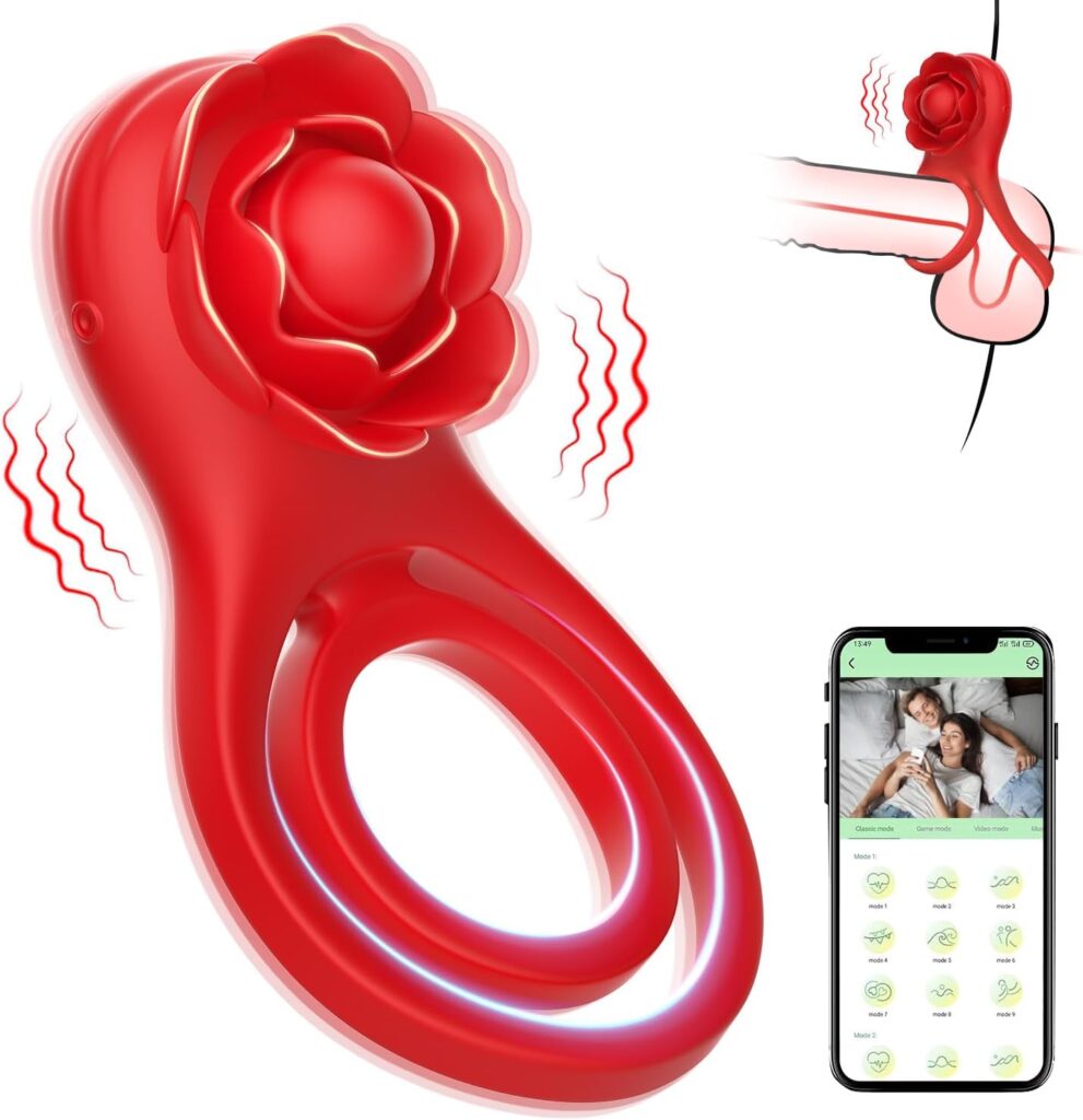 Vibrating Cock Ring Adult Sex Toys,Penis Ring Couples Sex Toys,Rose Adult Sex Toys for Men 10 Vibration Modes with App Remote Control Vibrator,Male Sex Toy with Rose Clitoral Stimulator