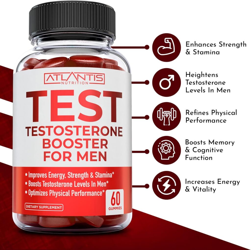 Atlantis Nutrition Testosterone Booster For Men Gummies - Male Enhancement, Boosts Energy,  Optimizes Physical Performance Formulated w/Tribulus, Horny Goat Weed, Saw Palmetto, Maca Root - 60 Gummies