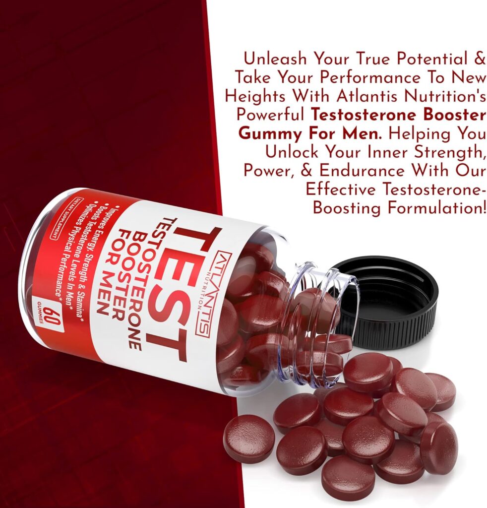 Atlantis Nutrition Testosterone Booster For Men Gummies - Male Enhancement, Boosts Energy,  Optimizes Physical Performance Formulated w/Tribulus, Horny Goat Weed, Saw Palmetto, Maca Root - 60 Gummies
