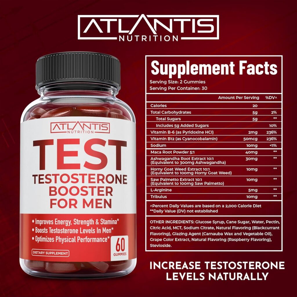 Atlantis Nutrition Testosterone Booster For Men Gummies - Male Enhancement, Boosts Energy,  Optimizes Physical Performance Formulated w/Tribulus, Horny Goat Weed, Saw Palmetto, Maca Root - 60 Gummies