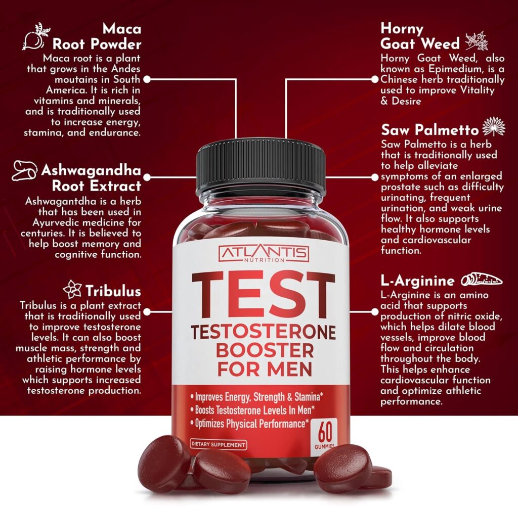Atlantis Nutrition Testosterone Booster For Men Gummies - Male Enhancement, Boosts Energy,  Optimizes Physical Performance Formulated w/Tribulus, Horny Goat Weed, Saw Palmetto, Maca Root - 60 Gummies