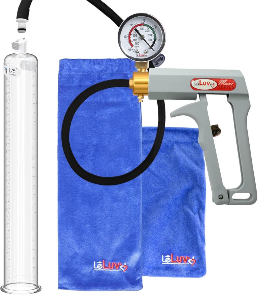 LeLuv Premium Penis Pump - Blue Maxi Handle + Vacuum Gauge, Uncollapsible Silicone Hose - 9 Untapered Length x 1.75 Diameter Round-Flange Cylinder