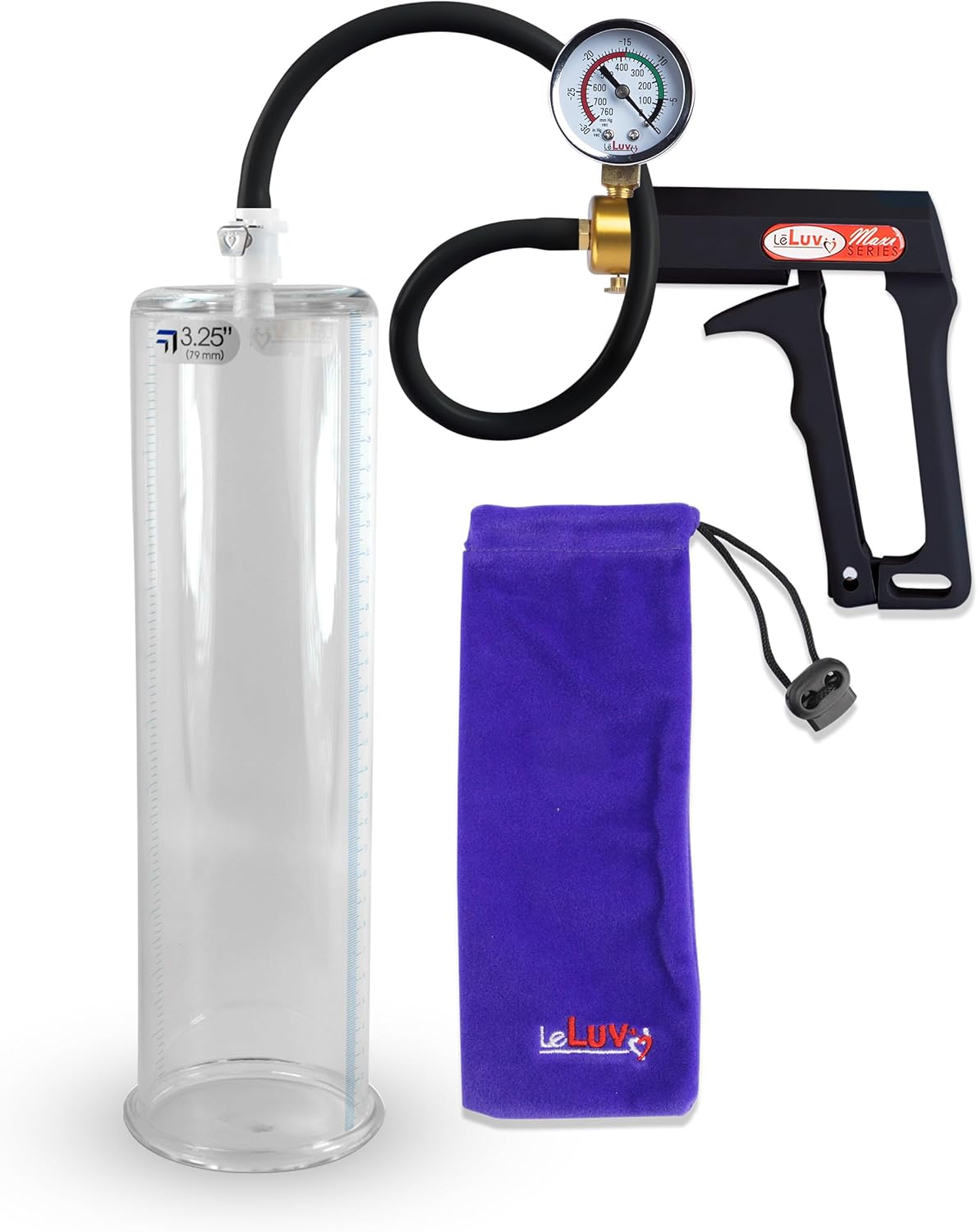 LeLuv Premium Penis Pump - Blue Maxi Handle + Vacuum Gauge, Uncollapsible Silicone Hose - 9 Untapered Length x 1.75 Diameter Round-Flange Cylinder