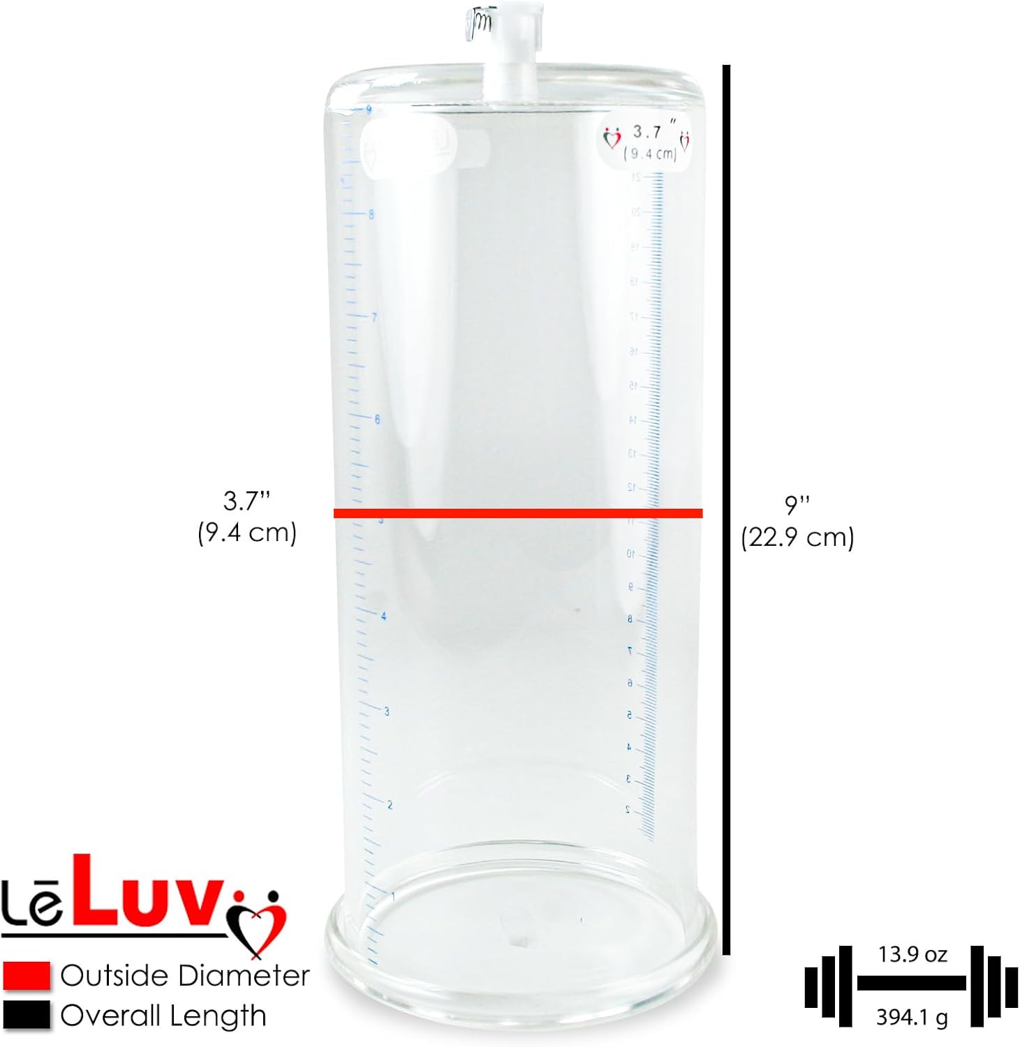 LeLuv Premium Penis Pump - Blue Maxi Handle + Vacuum Gauge, Uncollapsible Silicone Hose - 9 Untapered Length x 1.75 Diameter Round-Flange Cylinder