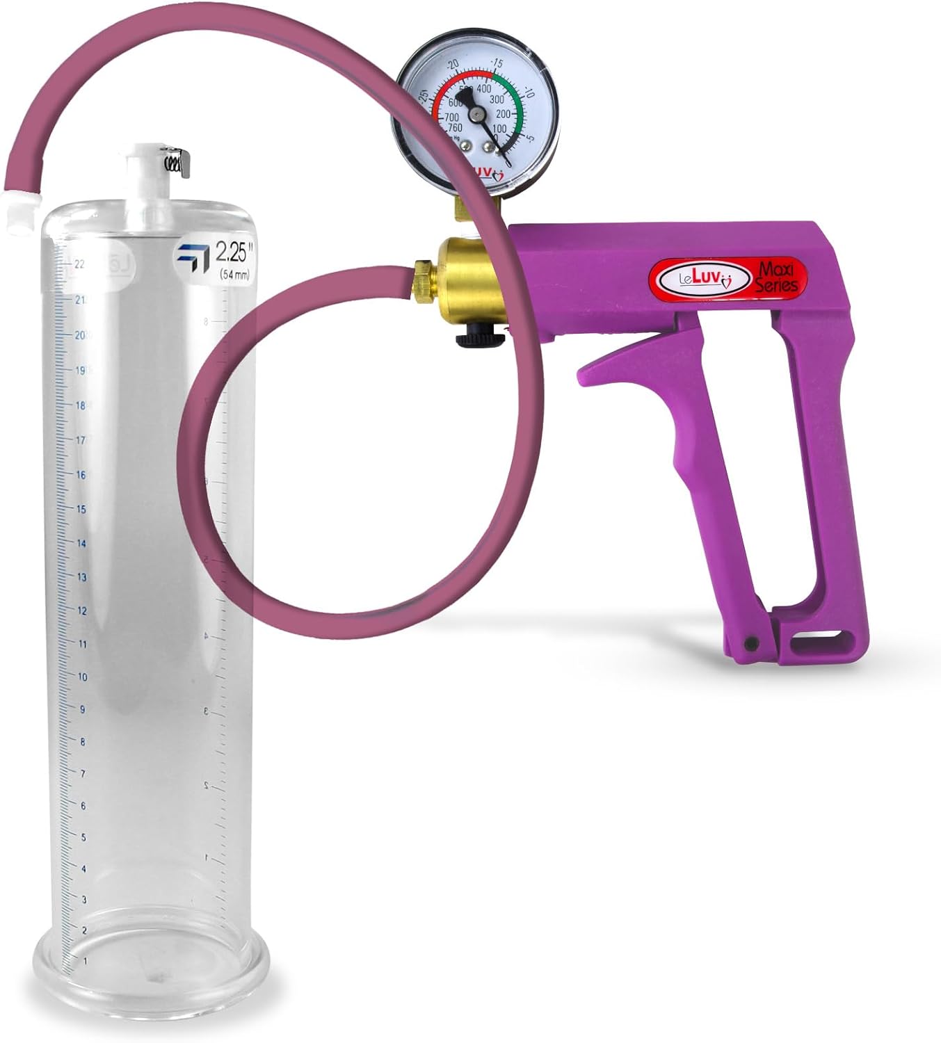 LeLuv Premium Penis Pump - Blue Maxi Handle + Vacuum Gauge, Uncollapsible Silicone Hose - 9 Untapered Length x 1.75 Diameter Round-Flange Cylinder