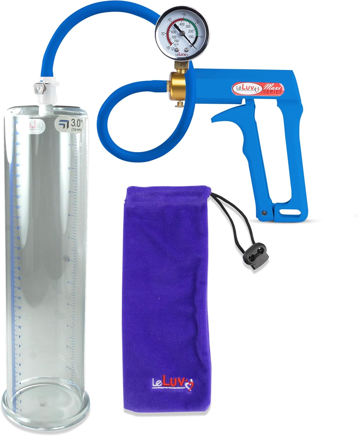 LeLuv Premium Penis Pump - Blue Maxi Handle + Vacuum Gauge, Uncollapsible Silicone Hose - 9 Untapered Length x 1.75 Diameter Round-Flange Cylinder