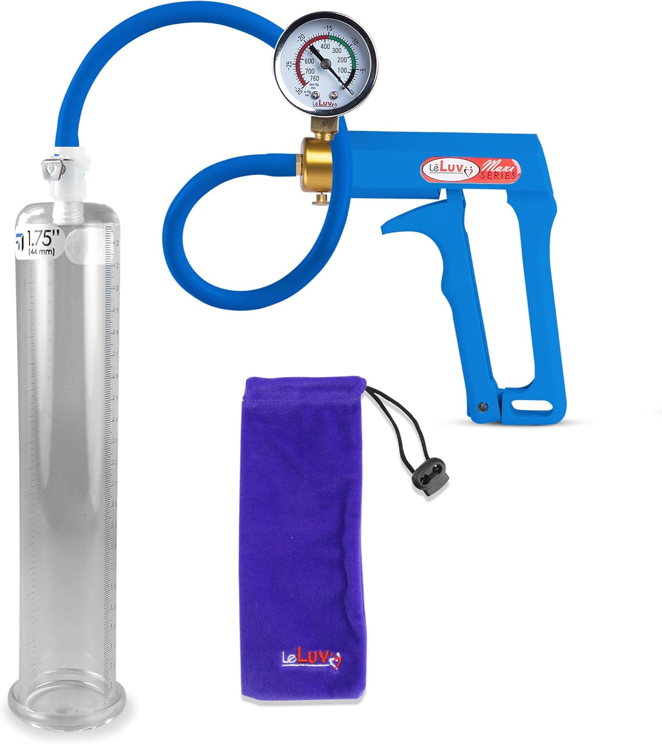 LeLuv Premium Penis Pump - Blue Maxi Handle + Vacuum Gauge, Uncollapsible Silicone Hose - 9 Untapered Length x 1.75 Diameter Round-Flange Cylinder