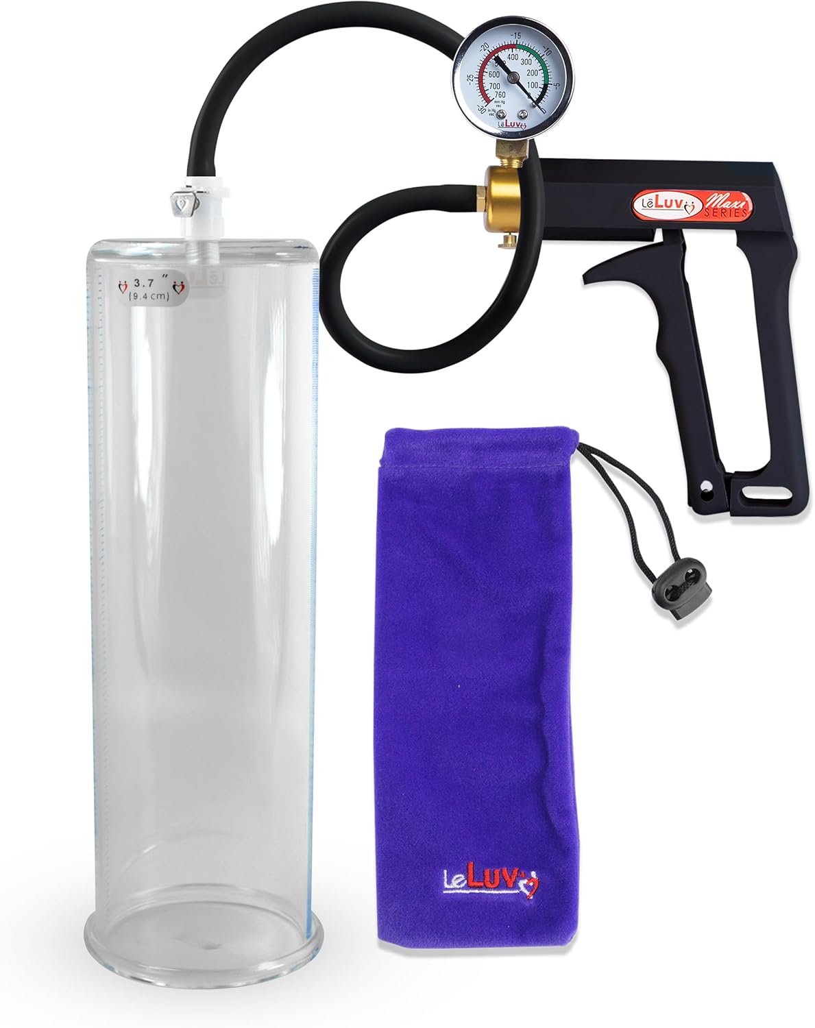 LeLuv Premium Penis Pump - Blue Maxi Handle + Vacuum Gauge, Uncollapsible Silicone Hose - 9 Untapered Length x 1.75 Diameter Round-Flange Cylinder