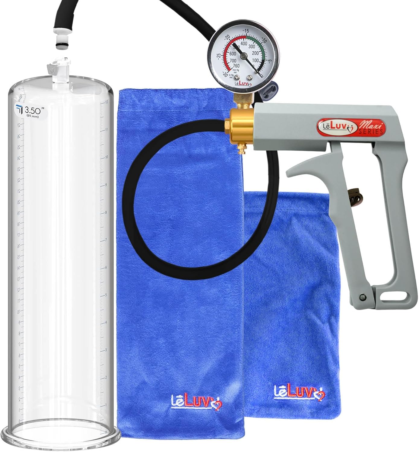 LeLuv Premium Penis Pump - Blue Maxi Handle + Vacuum Gauge, Uncollapsible Silicone Hose - 9 Untapered Length x 1.75 Diameter Round-Flange Cylinder