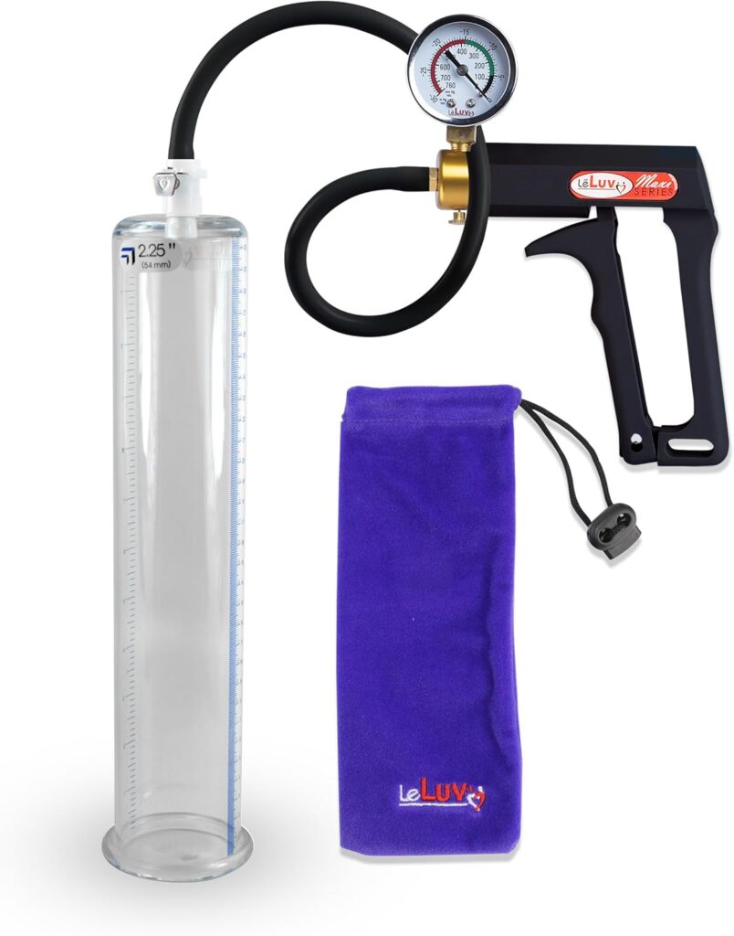 LeLuv Premium Penis Pump - Blue Maxi Handle + Vacuum Gauge, Uncollapsible Silicone Hose - 9 Untapered Length x 1.75 Diameter Round-Flange Cylinder