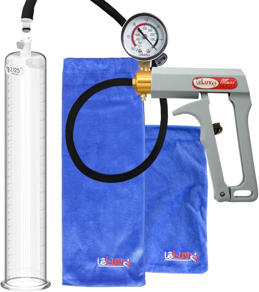 LeLuv Premium Penis Pump - Blue Maxi Handle + Vacuum Gauge, Uncollapsible Silicone Hose - 9 Untapered Length x 1.75 Diameter Round-Flange Cylinder