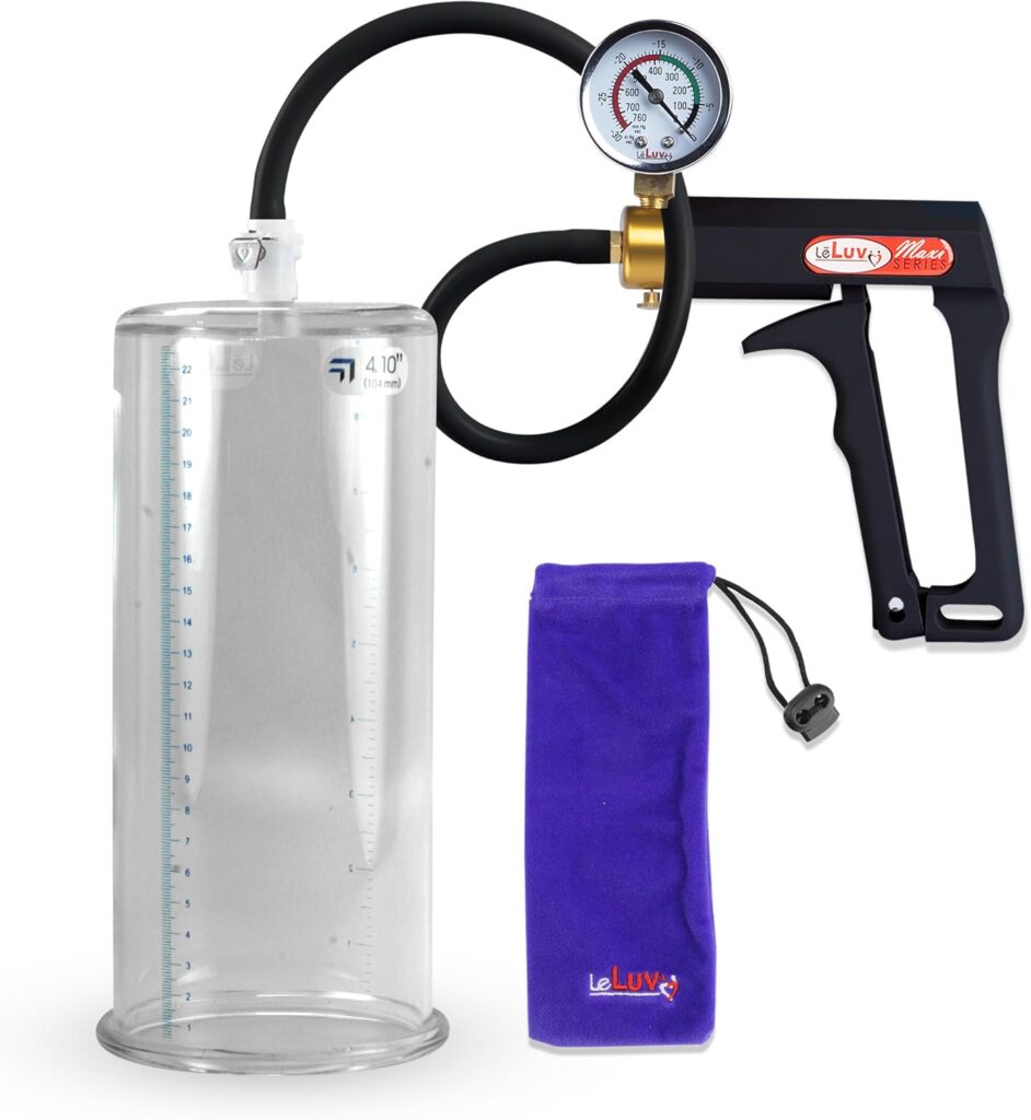 LeLuv Premium Penis Pump - Blue Maxi Handle + Vacuum Gauge, Uncollapsible Silicone Hose - 9 Untapered Length x 1.75 Diameter Round-Flange Cylinder