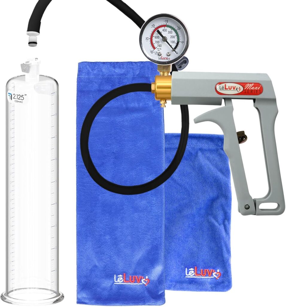 LeLuv Premium Penis Pump - Blue Maxi Handle + Vacuum Gauge, Uncollapsible Silicone Hose - 9 Untapered Length x 1.75 Diameter Round-Flange Cylinder