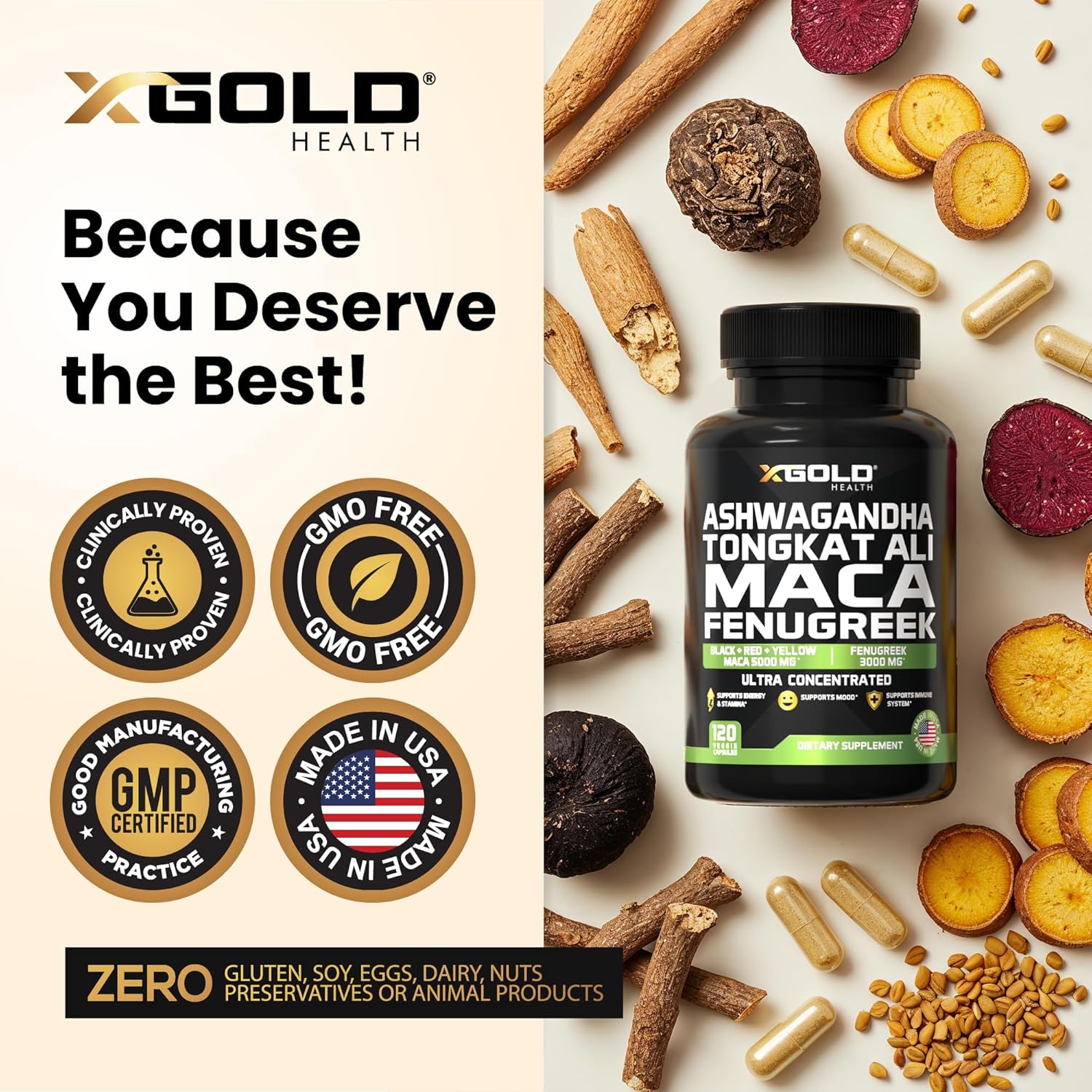 Ashwagandha 5000mg + Tongkat Ali 1000mg + Maca Root 5000mg + Fenugreek 3000mg Supplement | Black + Red + Yellow Maca Root Extract  Fenugreek Herbal Supplements for Men  Women - Made in USA