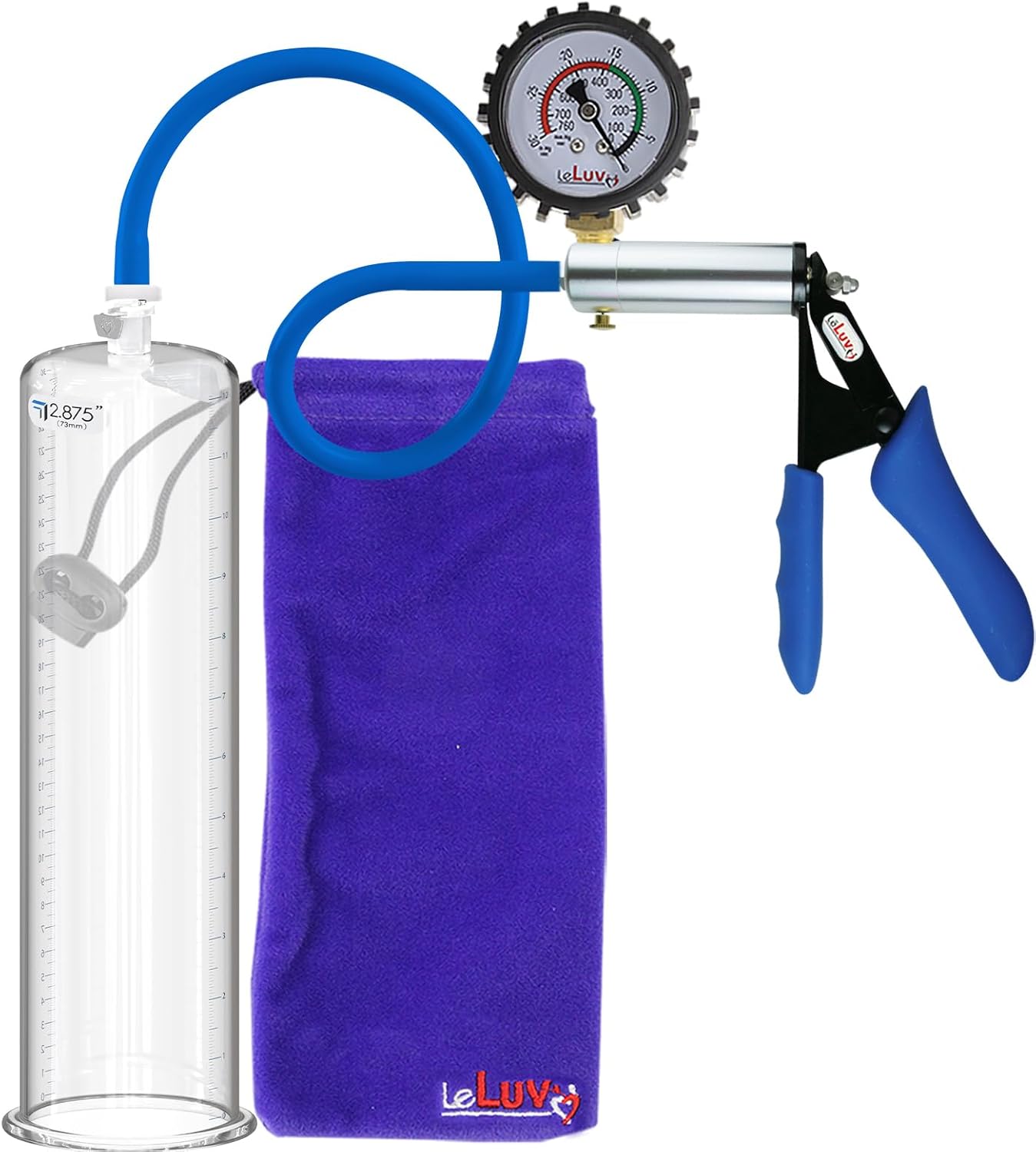 LeLuv Ultima Penis Pump - Brass Handle, Premium Blue Silicone Grips and Hose + Protected Gauge - 9 x 2.00 Round-Flange Cylinder