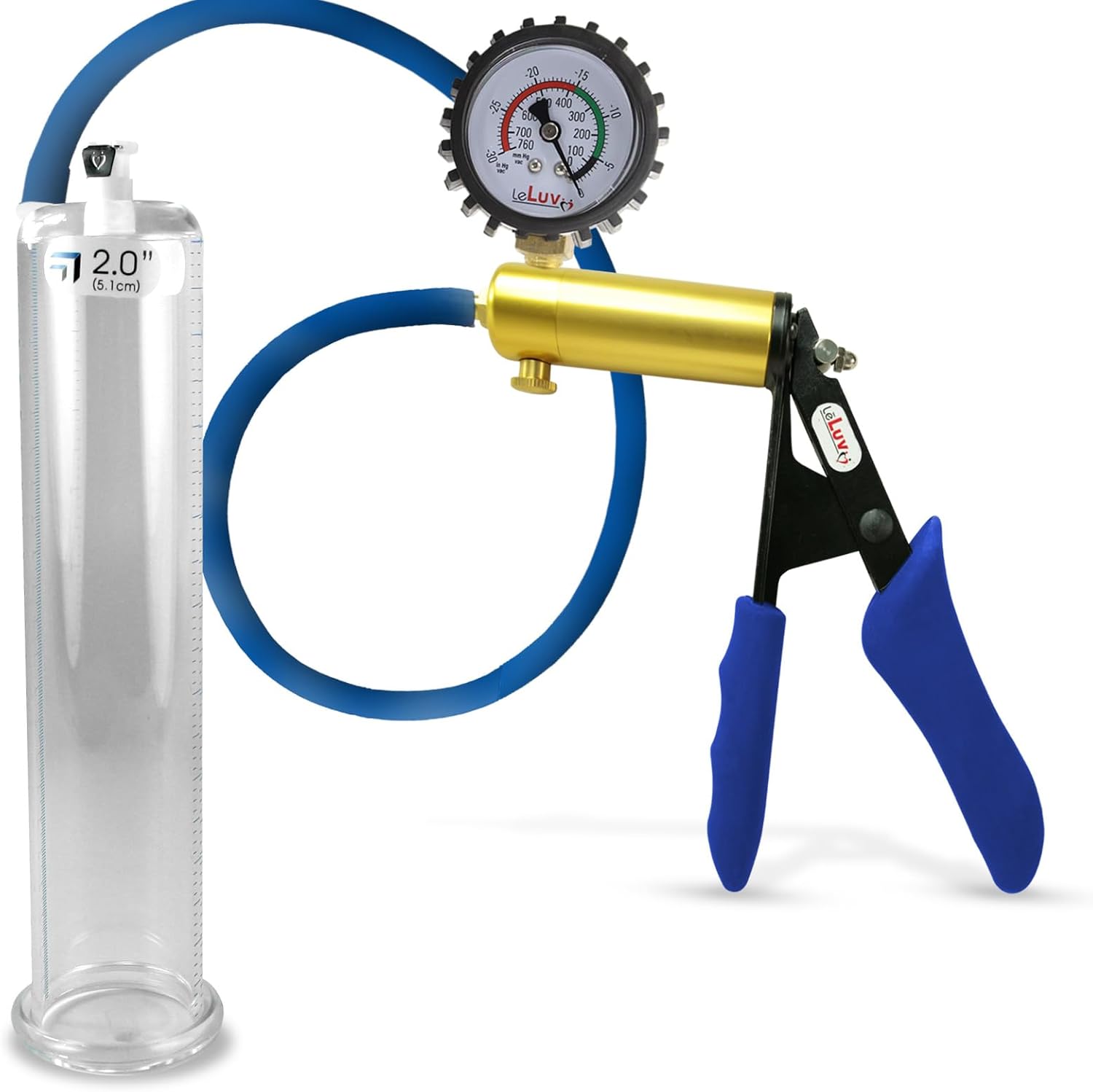 LeLuv Ultima Penis Pump - Brass Handle, Premium Blue Silicone Grips and Hose + Protected Gauge - 9 x 2.00 Round-Flange Cylinder