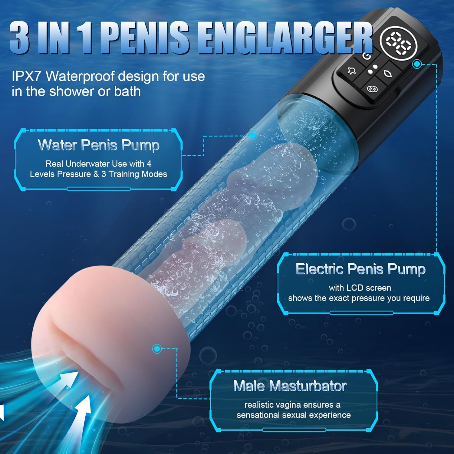 Penis Pump Male Sex Toys - 12 Smart Modes Water Penis Enlarger Extender Electric Dick Pump Male Masturbator Waterproof Cock Pump Erection Pump Device Adult Sex Toys for Men Penis Sleeve Ring Extension