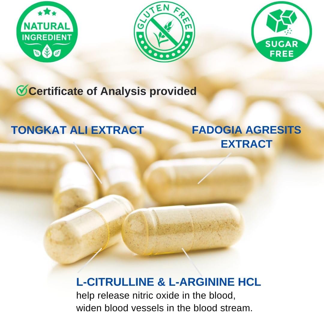 Tongkat Ali Fadogia Agrestis - 1200mg, Enhanced with Nitric Oxide Booster Supplement, Longjack Tongkat Ali for Men, *USA Made and Tested*, 60 Capsules