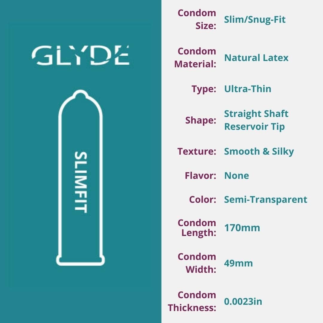 GLYDE Slimfit - Snug Fit Condoms - 12 Count - Ultra-Thin, Vegan, Non-Toxic, Smaller Size Natural Rubber Latex - 49mm for Tighter Fit GLYDE Slimfit - Snug Fit Condoms - 12 Count - Ultra-Thin, Vegan, Non-Toxic, Smaller Size Natural Rubber Latex - 49mm for Tighter Fit