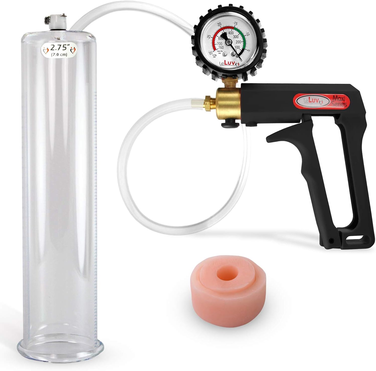 LeLuv Penis Pump Maxi Black Handle + Protected Gauge - Bundle with Clear Hose, Silicone Donut Seal - 9 inch Length x 2.125 Inch Diameter Cylinder