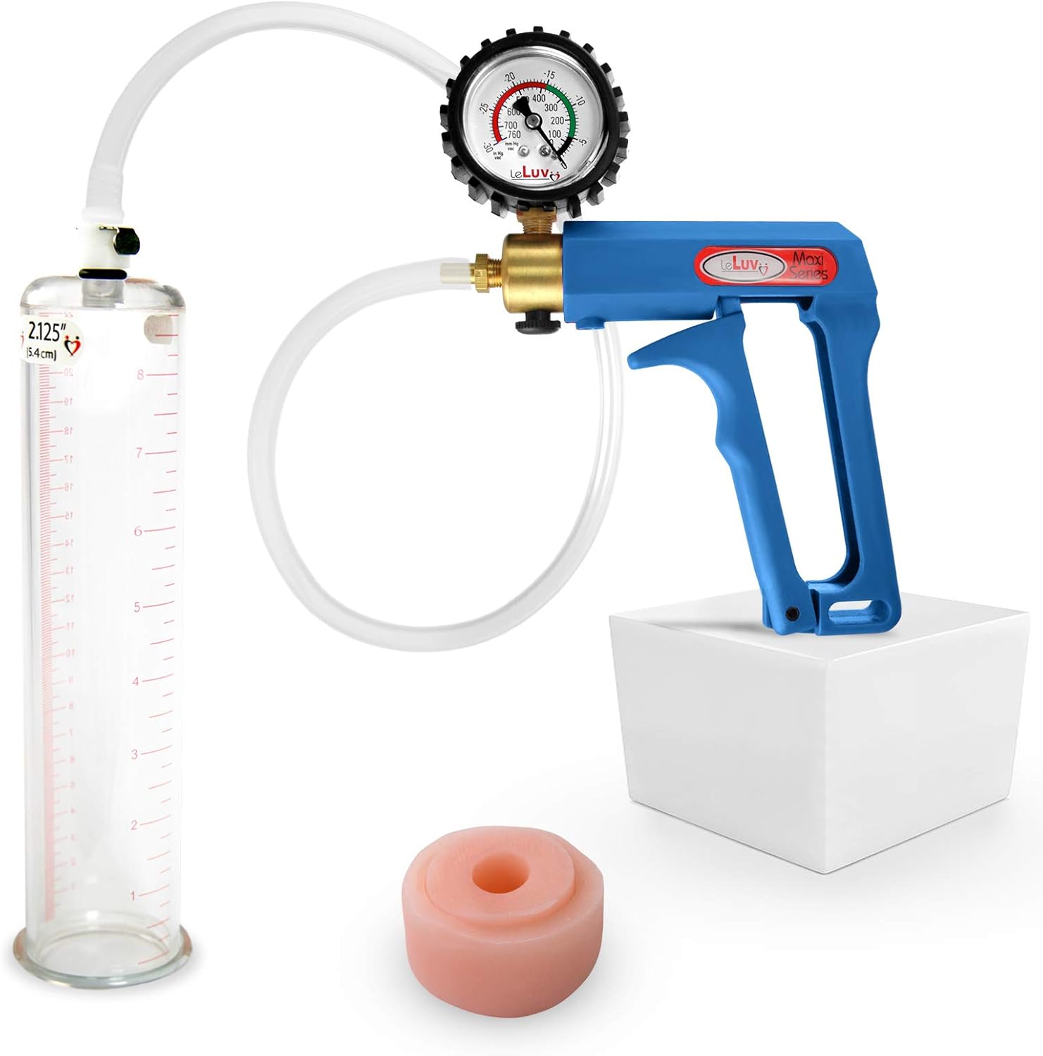 LeLuv Penis Pump Maxi Black Handle + Protected Gauge - Bundle with Clear Hose, Silicone Donut Seal - 9 inch Length x 2.125 Inch Diameter Cylinder