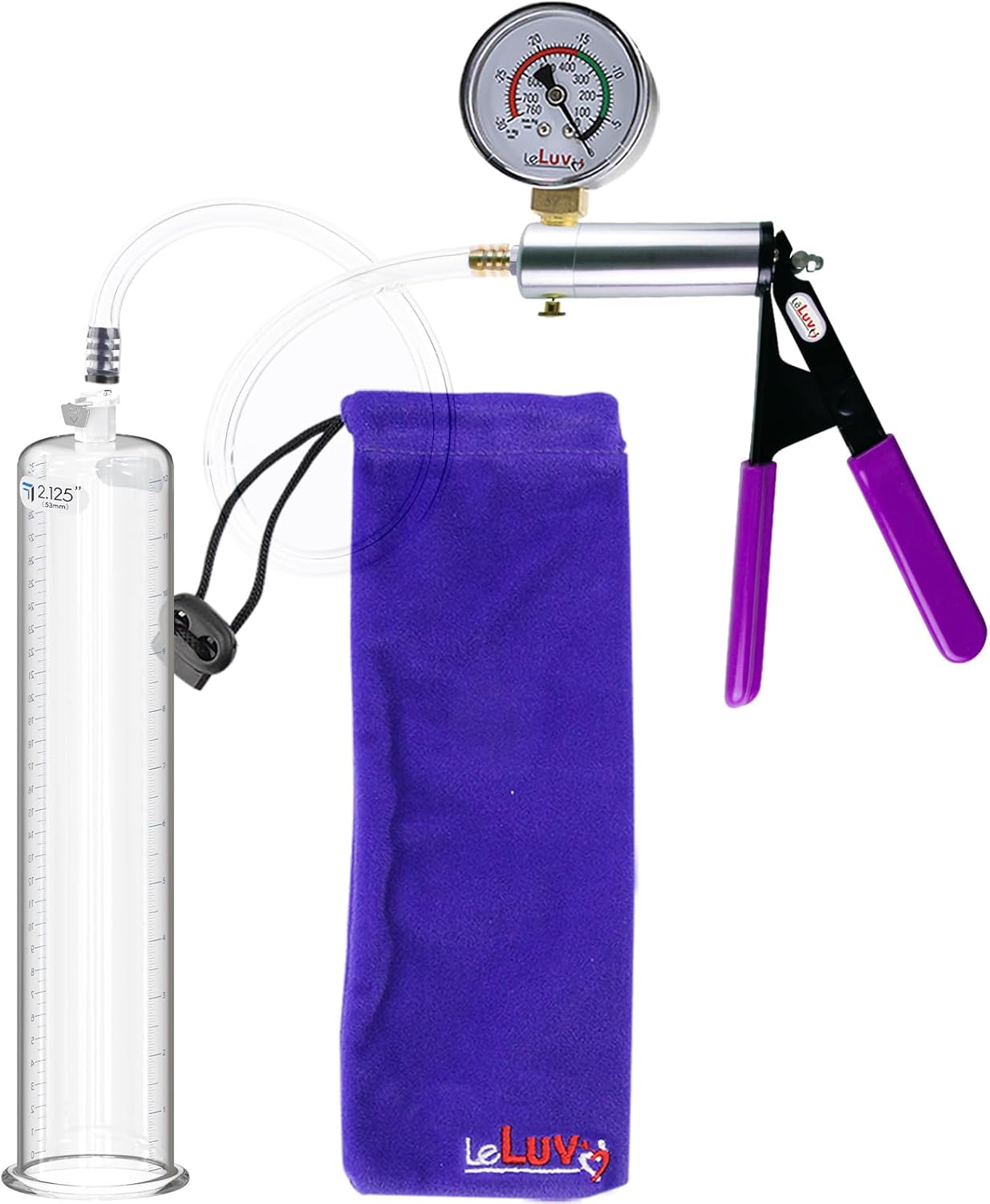 LeLuv Ultima Brass Penis Pump Kit, Black w/Rubber Grips, Clear Hose + Gauge - 12 x 2.50 Cylinder