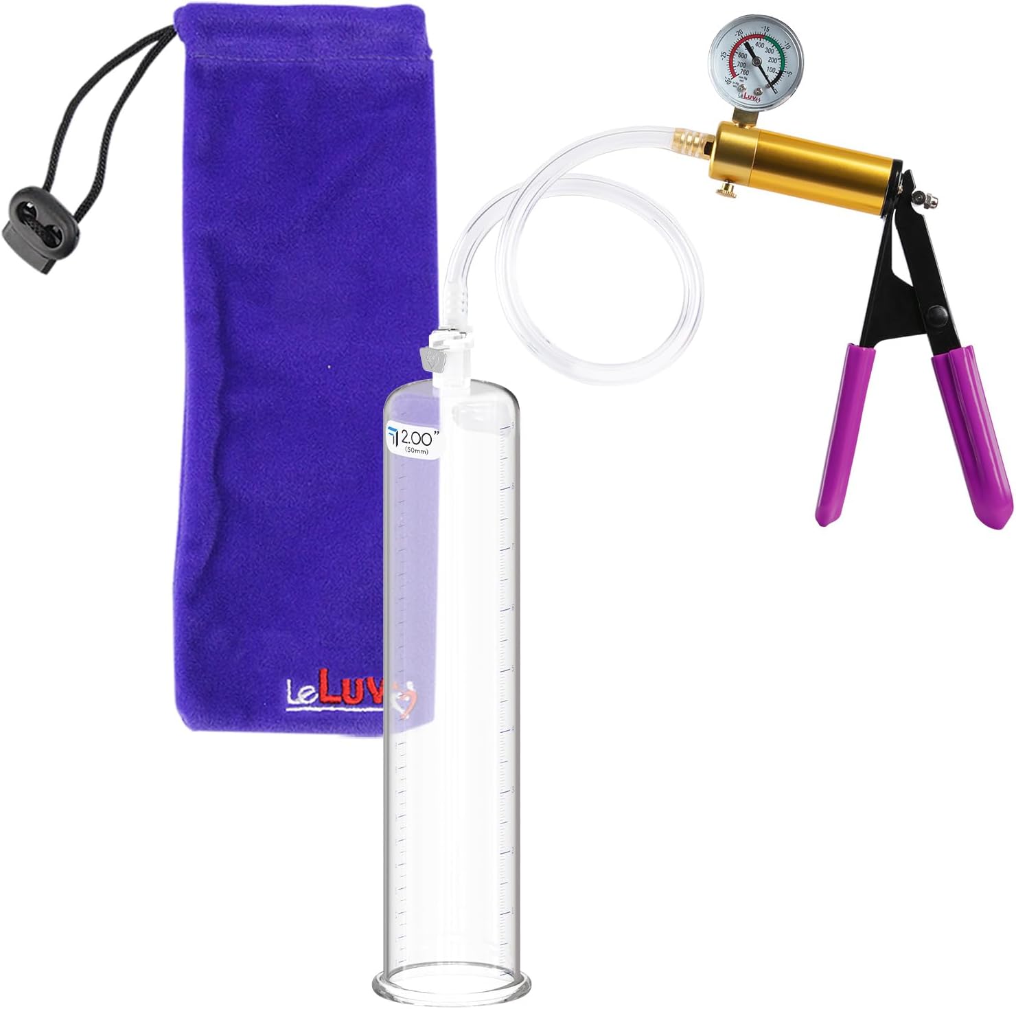 LeLuv Ultima Brass Penis Pump Kit, Black w/Rubber Grips, Clear Hose + Gauge - 12 x 2.50 Cylinder