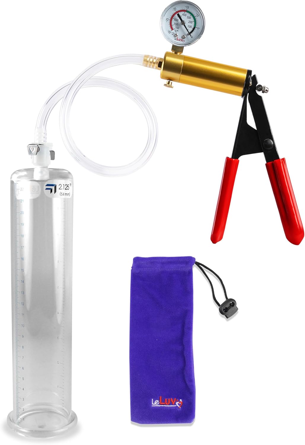 LeLuv Ultima Brass Penis Pump Kit, Black w/Rubber Grips, Clear Hose + Gauge - 12 x 2.50 Cylinder