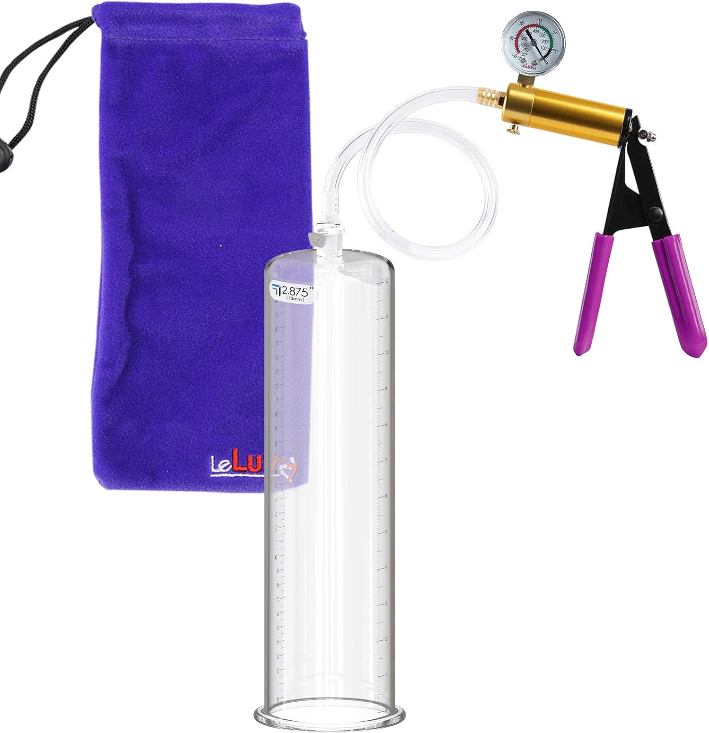 LeLuv Ultima Brass Penis Pump Kit, Black w/Rubber Grips, Clear Hose + Gauge - 12 x 2.50 Cylinder