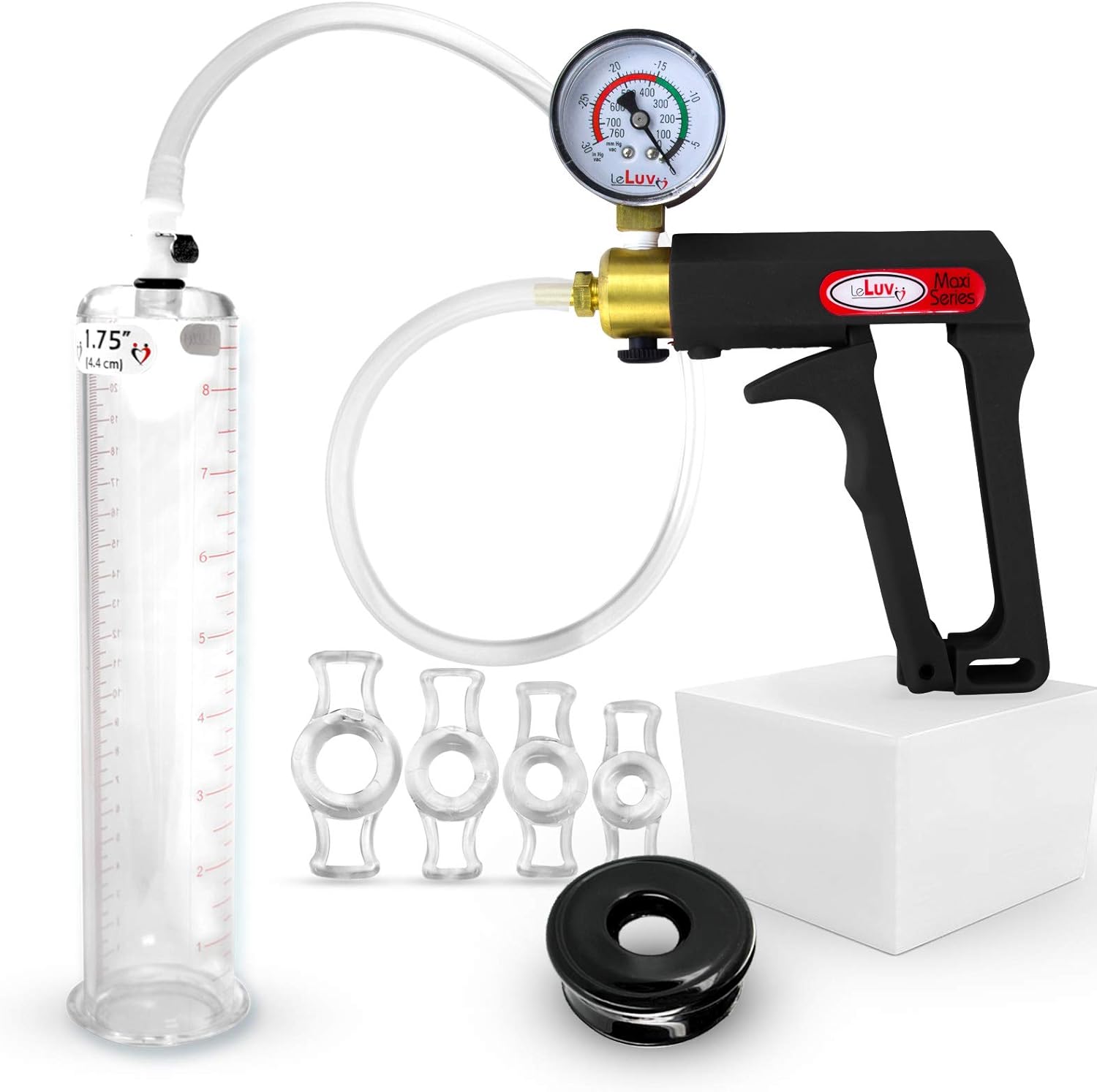 LeLuv Penis Pump Maxi Black Handle Installed Gauge - Bundle with Clear Hose, Vacuum Seal and 4 Sizes of Constriction Rings - 9 inch x 1.75 inch Cylinder