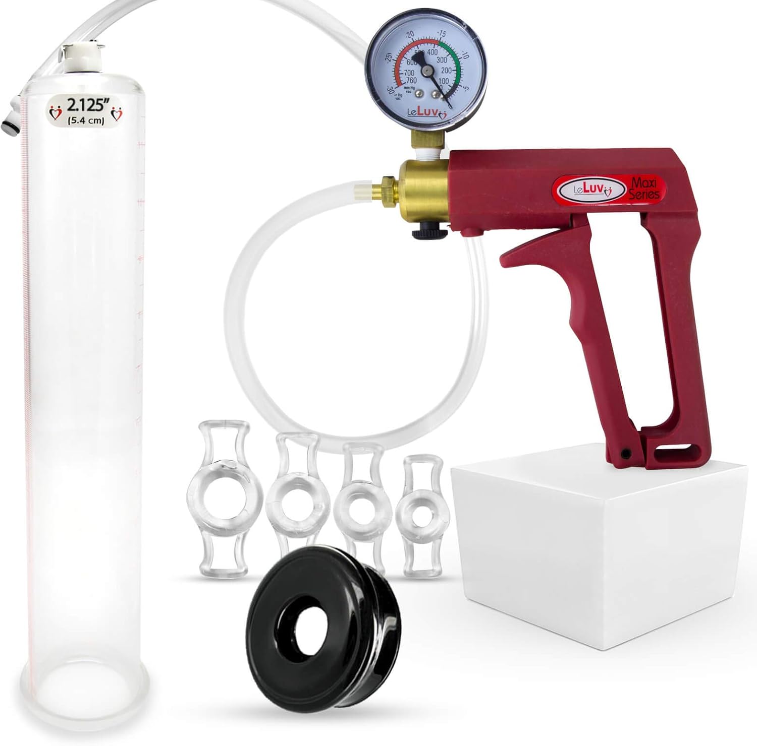 LeLuv Penis Pump Maxi Black Handle Installed Gauge - Bundle with Clear Hose, Vacuum Seal and 4 Sizes of Constriction Rings - 9 inch x 1.75 inch Cylinder
